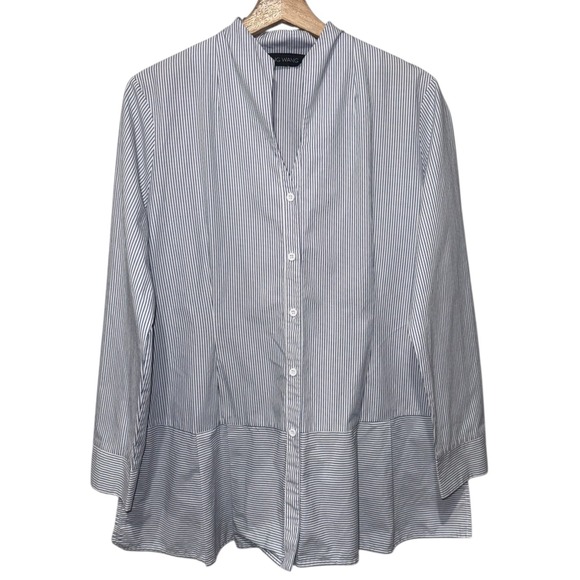 Ming Wang Tops - Ming Wang Striped Button Up Top Women Sz L Gray White Long Sleeve Peplum